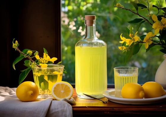 Botellas de limoncello con limones frescos al fondo
